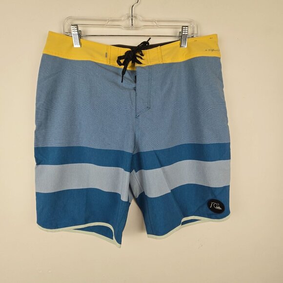 Quiksilver high Line Board Shorts Mens 34 Dryflight Blue Yellow stretch Beach - Picture 1 of 14